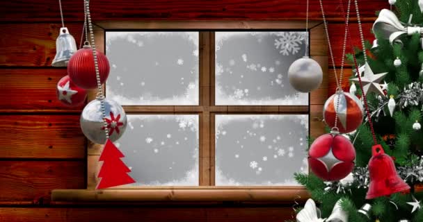 Animace Vánoční Ozdoby Cetek Nad Oknem Zimní Krajině Pozadí Vánoce — Stock video