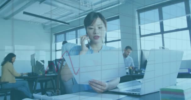 Animación Procesamiento Datos Financieros Sobre Mujer Negocios Asiática Cargo Computación — Vídeos de Stock