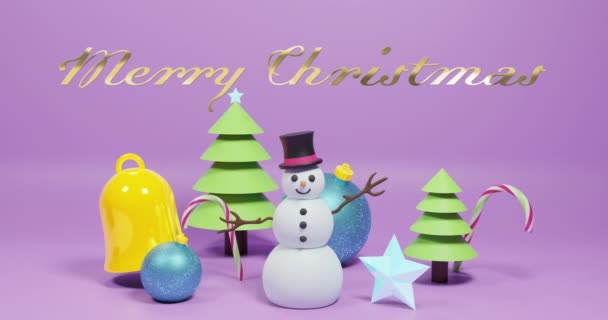 紫色の背景にメリークリスマステキストとクリスマスの装飾のアニメーション クリスマス お祝いのコンセプトデジタル生成ビデオ — ストック動画