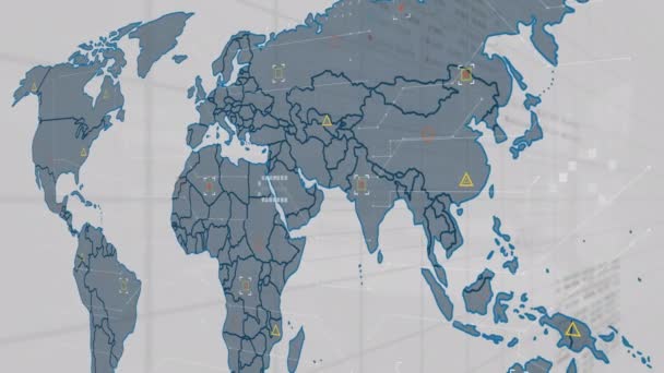 Animação Processamento Dados Estatísticos Sobre Mapa Mundo Contra Fundo Cinzento — Vídeo de Stock