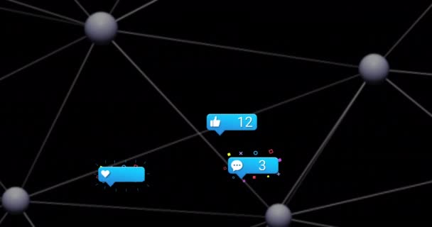 Animación Iconos Números Redes Sociales Sobre Conexiones Fondo Negro Redes — Vídeo de stock