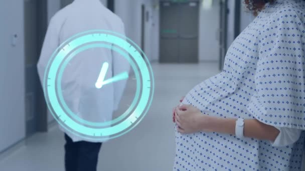 Fast Moving Clock Midsection Pregnant Caucasian Woman Hospital Corridor Pregnancy — Stock Video