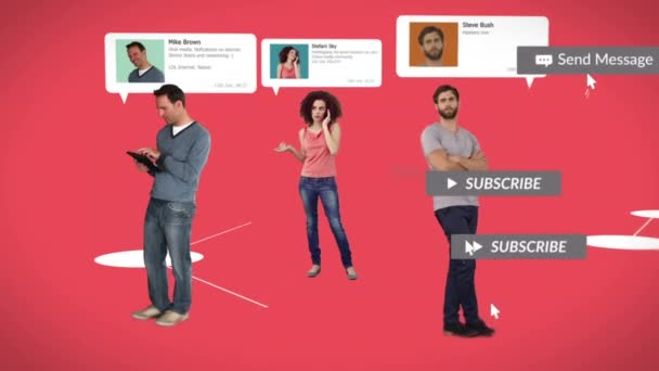 Анімація Текстів Соціальних Мереж Над Різноманітними Людьми Язків Червоному Тлі — стокове відео
