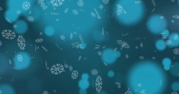 Animação Flocos Neve Caindo Contra Pontos Brilhantes Luz Fundo Azul — Vídeo de Stock