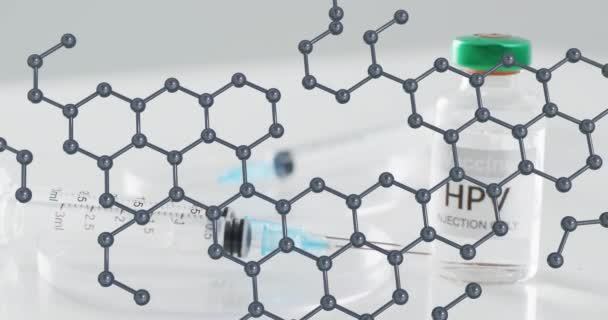 Moleculair Structuurmodel Injectieflacon Met Spuit Hpv Vaccin Wetenschap Medisch Onderzoek — Stockvideo