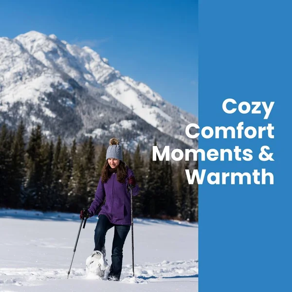 Composite Cozy Comform Moments Warmth Text Caucasian Woman Winter Scenery — Stock Photo, Image