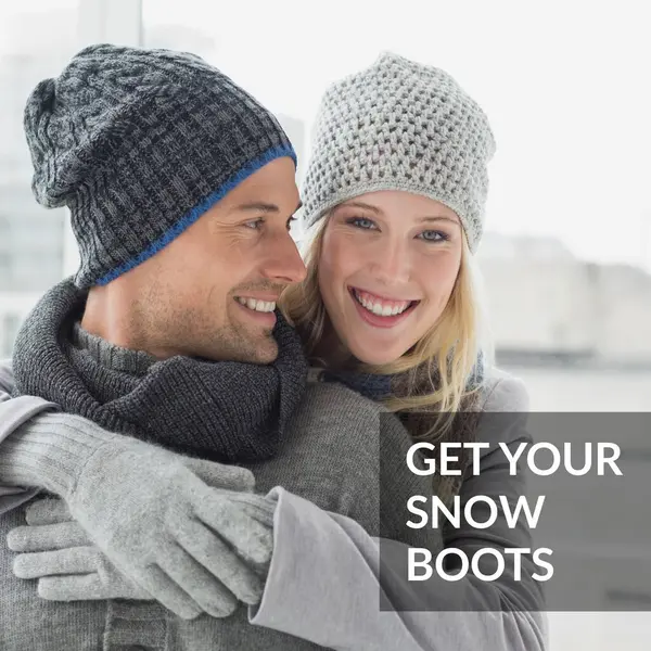 Composite of get your snow boots text over happy caucasian couple in winter scenery. Winter, christmas, seasons and celebration concept digitally generated image.