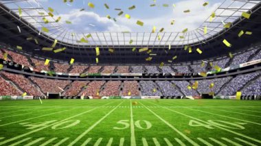 Ragbi stadyumunun manzarasına karşı düşen altın konfetilerin animasyonu. Spor turnuvası ve etkinlik konsepti