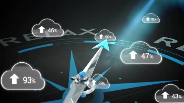 화살표의 애니메이션과 나침반에 텍스트를 구름의 숫자를 디지털 방식으로 생성하는 홀로그램 — 비디오