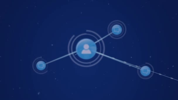 青い背景に対する白い粒子上のデジタルアイコンのネットワークのアニメーション グローバルネットワーキングとビジネス技術コンセプト — ストック動画