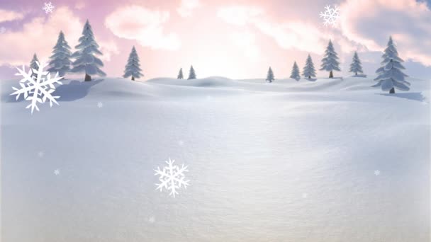 Анимация Снежинок Падающих Над Деревьями Зимнем Ландшафте Против Закатного Неба — стоковое видео