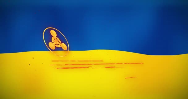Animace Textového Banneru Červeného Upozornění Radioaktivním Symbolem Pozadí Ukrajinské Vlajky — Stock video