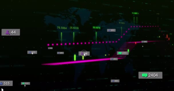 그래프와지도와 막대의 애니메이션 디지털 홀로그램 일러스트레이션 보고서 비즈니스 글로벌 미디어 — 비디오