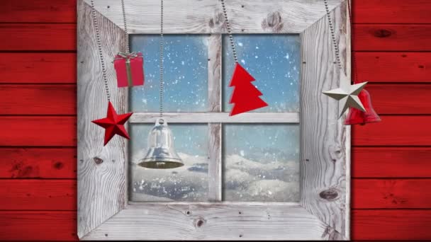 Animação Natal Bauble Decorações Sobre Janela Fundo Cenário Inverno Natal — Vídeo de Stock