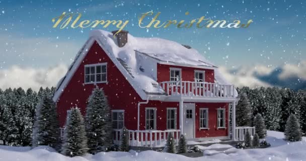 冬の風景を背景にしたクリスマスのテキストと家をアニメーション クリスマス お祝いのコンセプトデジタル生成ビデオ — ストック動画