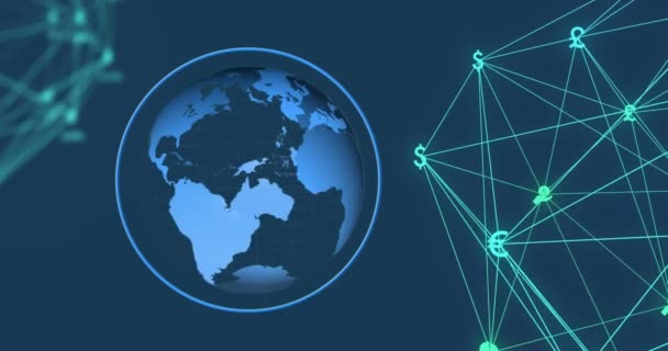 两个金融偶像的动画和蓝色背景下旋转的全球 全球金融和商业技术概念 — 图库视频影像