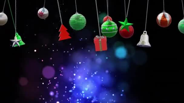 Κινούμενα Σχέδια Χριστουγεννιάτικων Κοσμημάτων Και Χιονιού Που Πέφτουν Μπλε Φόντο — Αρχείο Βίντεο