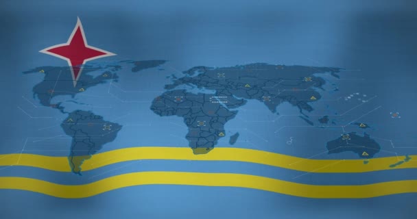 Animering Världskarta Och Databehandling Mot Viftande Aruba Flagga Bakgrund Globalt — Stockvideo