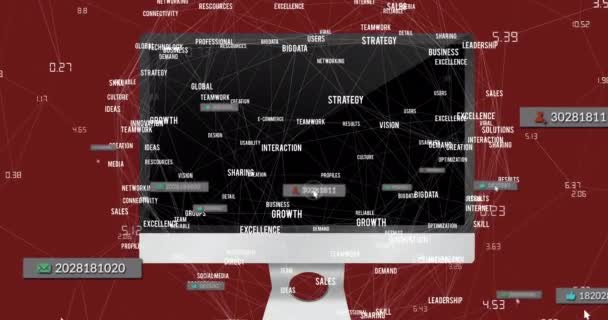 赤い背景のコンピュータ上のソーシャルメディアアイコンとテキストのアニメーション グローバルソーシャルメディア コネクション コミュニケーション デジタルインターフェースのコンセプトをデジタル生成 — ストック動画