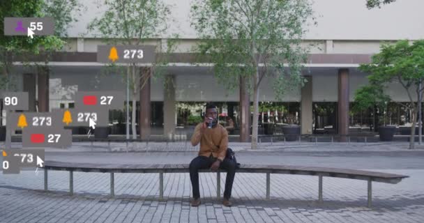 Animatie Van Social Media Iconen Afrikaanse Amerikaanse Man Die Koffie — Stockvideo