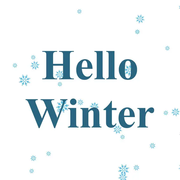Composite of hello winter text over snow falling on white background. Winter, christmas, seasons and celebration concept digitally generated image.