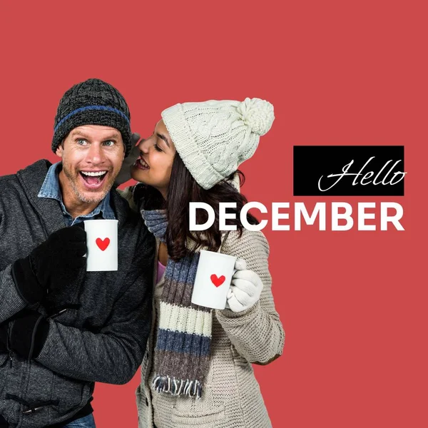 Composite Hello December Text Caucasian Couple Winter Hats December Christmas — Stock Photo, Image
