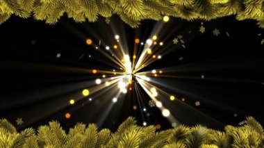 Yılbaşı ağacı dalının animasyonu ve arka planda düşen karla ilgili havai fişekler. Noel, gelenek ve kutlama konsepti dijital olarak oluşturuldu.