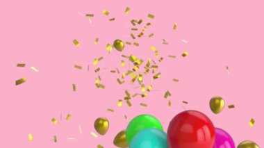 Pembe arka planda fotokopi alanı olan çok renkli balonların animasyonu. Doğum günü, kutlama ve gelenek kavramı.