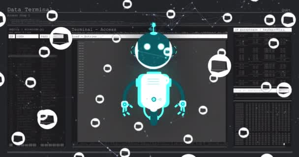 Animación Chat Bot Iconos Sobre Procesamiento Datos Inteligencia Artificial Global — Vídeo de stock