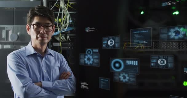 Animation Data Processing Asian Businessman Computer Servers Global Computing Digital — Stock Video