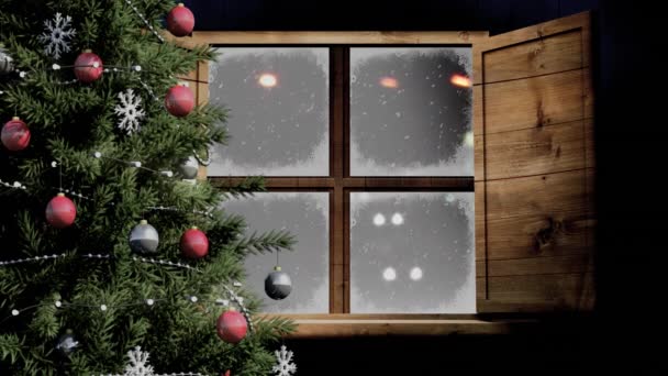 Animación Árbol Navidad Ventana Sobre Nieve Cayendo Coches Navidad Tradición — Vídeos de Stock