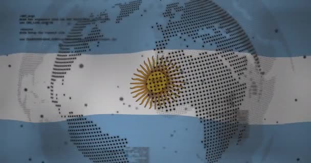 Анимация Вращающегося Земного Шара Обработки Данных Фоне Флага Аргентины Глобальная — стоковое видео