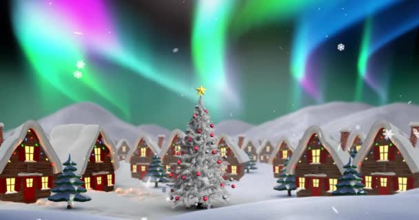 Animatie Van Sneeuw Vallen Aurora Borealis Kerst Winter Decor Achtergrond — Stockvideo
