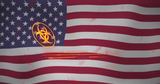 Animacja Awaryjnego Banera Tekstowego Symbolem Zagrożenia Biologicznego Tle Flagi Usa — Wideo stockowe