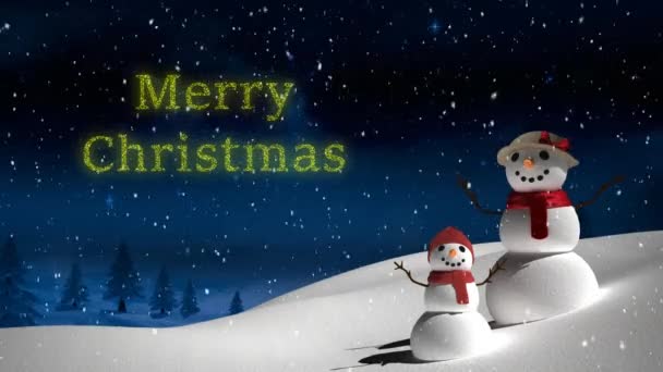Анимация Веселого Рождественского Текста Над Снеговиками Зимнем Фоне Рождество Традиции — стоковое видео