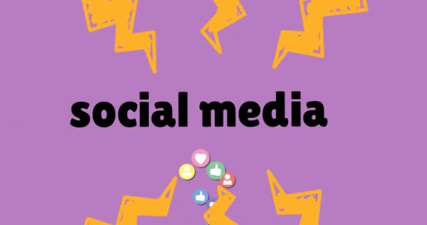 在紫色背景上的社交媒体图标和文字的动画 全球社交媒体 通信和数字接口概念 — 图库视频影像