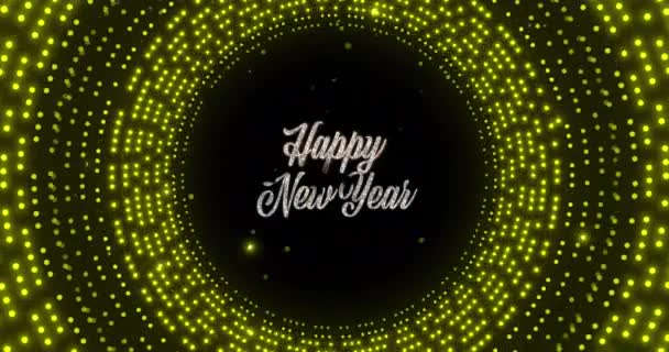 ブラックバックで黄色い円を輝かせるハッピーな新年のテキストのアニメーション 大晦日 お祝い 伝統的なコンセプトがデジタル生成されたビデオ — ストック動画