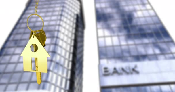 Анімація Ключа Будинку Брелок Над Банківським Текстом Сучасних Будівлях Проти — стокове відео