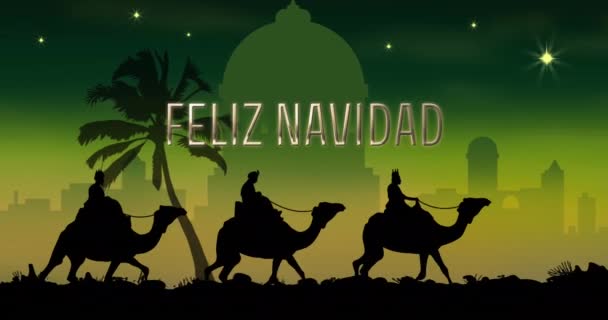 Κινούμενα Σχέδια Του Feliz Navidad Κείμενο Πάνω Από Τρεις Σοφούς — Αρχείο Βίντεο