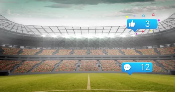 Animación Iconos Redes Sociales Flotando Contra Estadio Deportivo Concepto Torneo — Vídeos de Stock