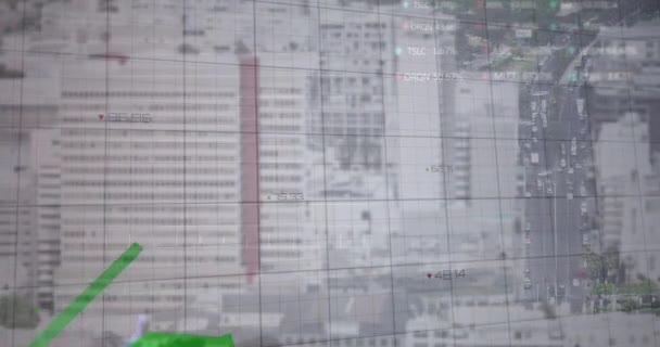 Animazione Linee Verdi Elaborazione Dei Dati Finanziari Sulla Città Business — Video Stock
