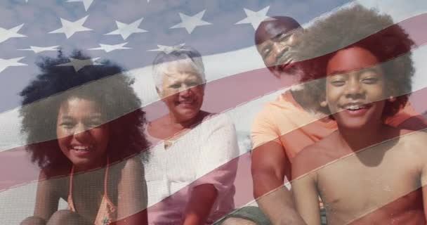 Animation Flag Usa Senior African American Couple Grandchildren Beach American — Stock Video