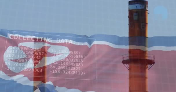 ブルーラインの財務データ処理 北朝鮮の旗の上の工場のアニメーション グローバルビジネス データ処理 デジタルインターフェースのコンセプトをデジタル生成したビデオ — ストック動画