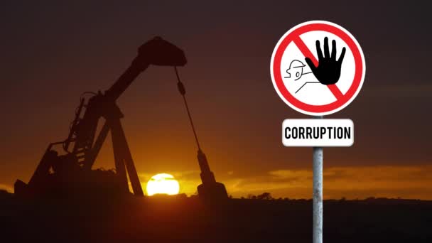 Анімація Стоп Корупційної Дошки Над Краном Реагує Небо Заходу Сонця — стокове відео