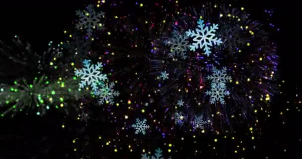 浮かぶ雪片のアニメーション メリークリスマスと新年のテキストバナーに花火が爆発します クリスマスのお祭りと新年のお祝いのコンセプト — ストック動画