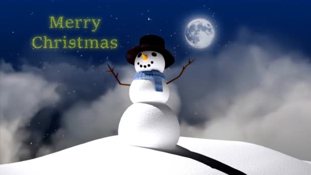 Kış Arka Planında Kardan Adam Dolunayda Mutlu Noeller Mesajı Noel — Stok video