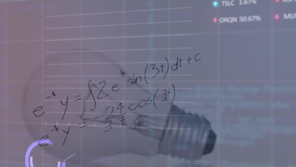 Animace Grafů Obchodní Rady Matematické Rovnice Diagramy Nad Žárovkou Digitální — Stock video
