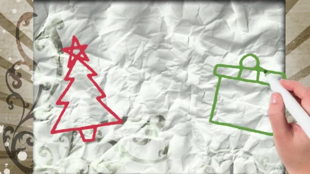 Animation Der Handzeichnung Feliz Navidad Und Weihnachtsdekoration Auf Zerknülltem Weißem — Stockvideo