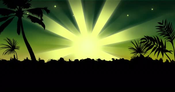 Animatie Van Zwart Silhouet Van Tropisch Landschap Boven Zon Die — Stockvideo