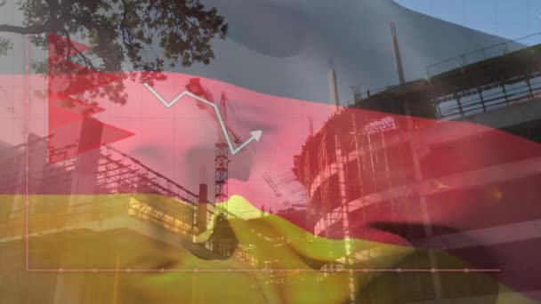 建物の敷地上のドイツの赤い図 データ処理 旗のアニメーション グローバルビジネス 愛国心 アーキテクチャコンセプト デジタル生成ビデオ — ストック動画